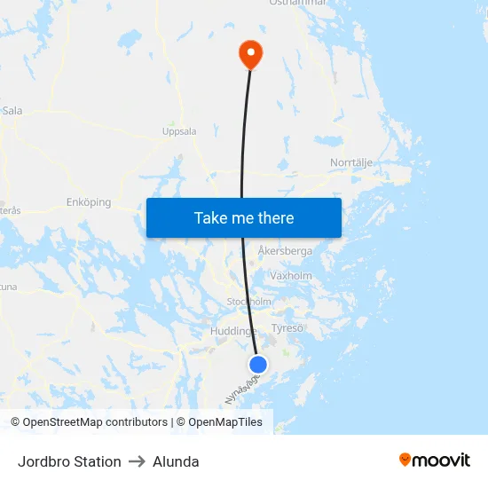 Jordbro Station to Alunda map