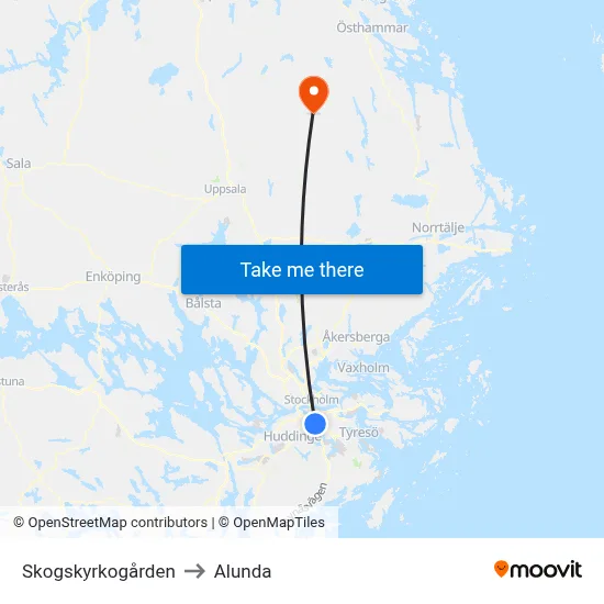 Skogskyrkogården to Alunda map