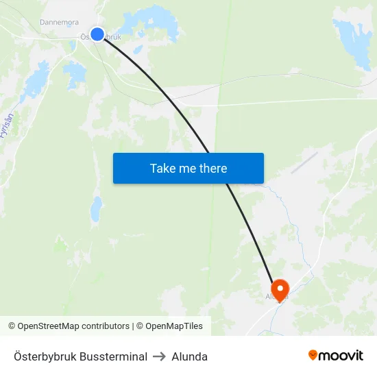Österbybruk Bussterminal to Alunda map