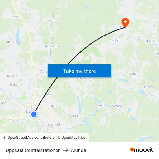 Uppsala Centralstationen to Alunda map