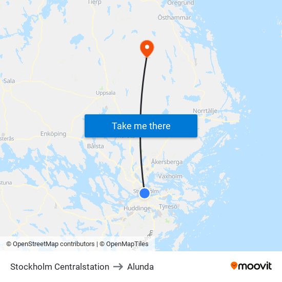 Stockholm Centralstation to Alunda map