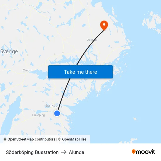 Söderköping Busstation to Alunda map