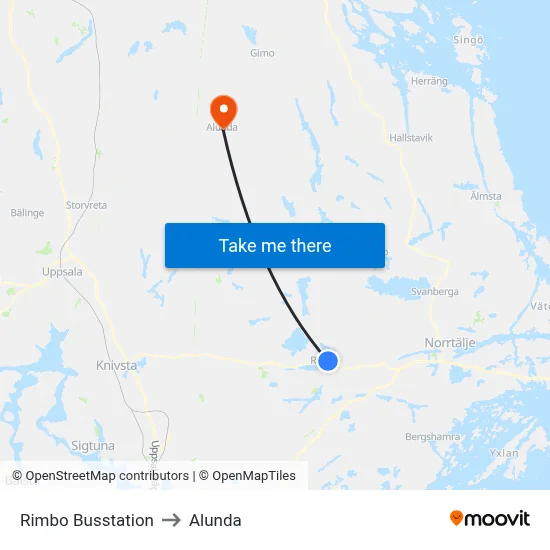 Rimbo Busstation to Alunda map