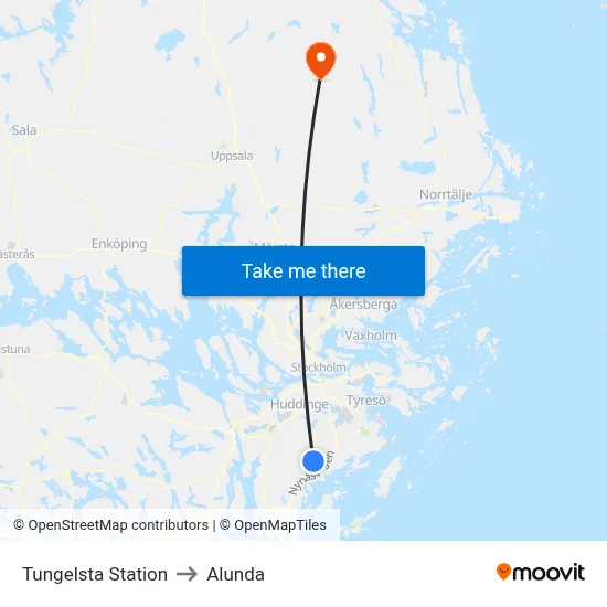 Tungelsta Station to Alunda map
