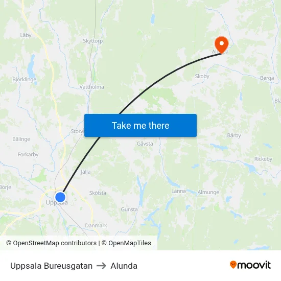 Uppsala Bureusgatan to Alunda map