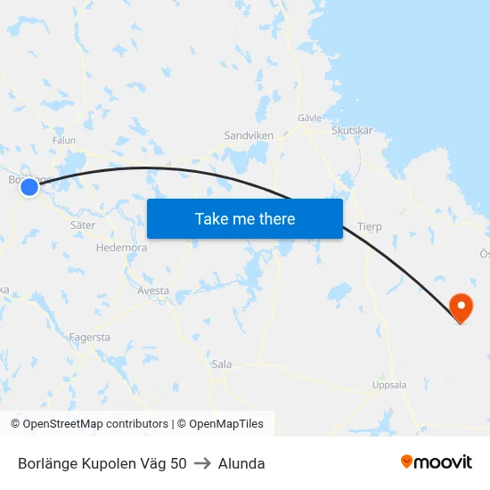 Borlänge Kupolen Väg 50 to Alunda map