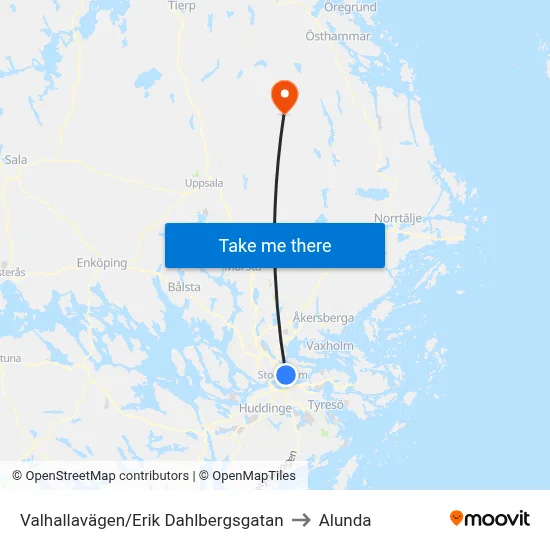 Valhallavägen/Erik Dahlbergsgatan to Alunda map
