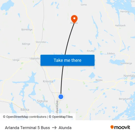 Arlanda Terminal 5 Buss to Alunda map