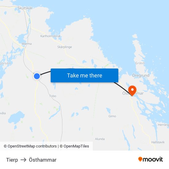 Tierp to Östhammar map