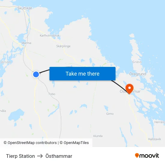 Tierp Station to Östhammar map
