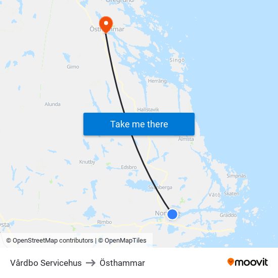 Vårdbo Servicehus to Östhammar map