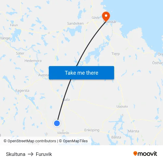 Skultuna to Furuvik map