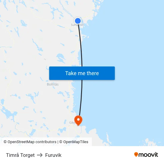 Timrå Torget to Furuvik map