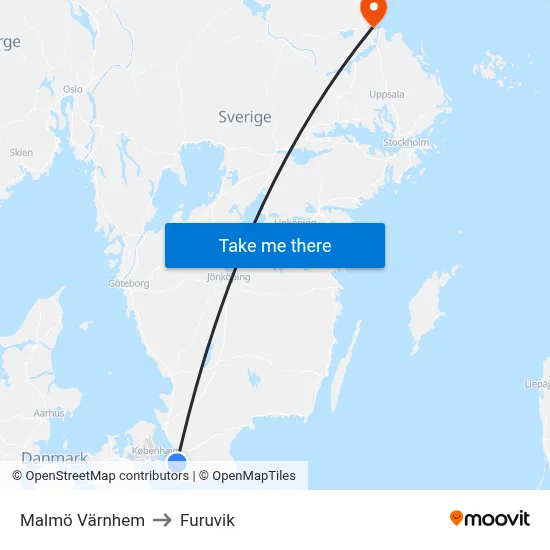 Malmö Värnhem to Furuvik map