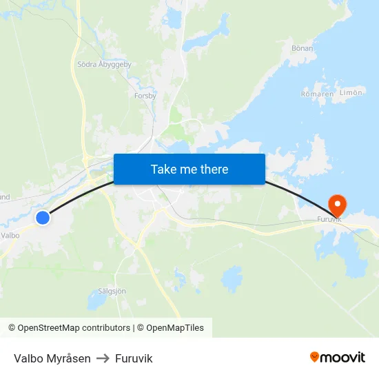 Valbo Myråsen to Furuvik map