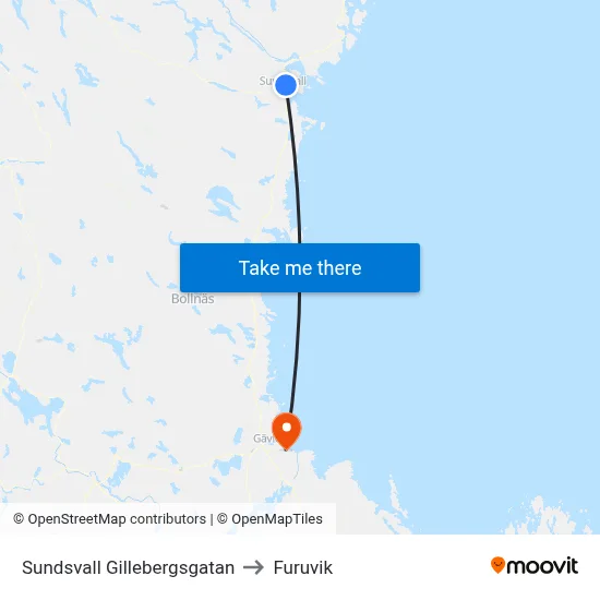 Sundsvall Gillebergsgatan to Furuvik map