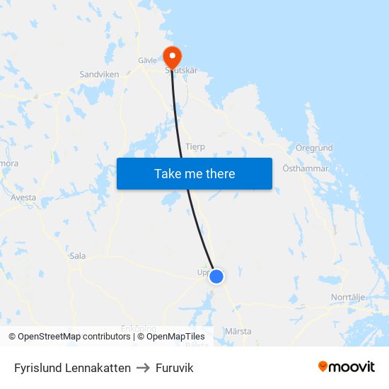 Fyrislund Lennakatten to Furuvik map