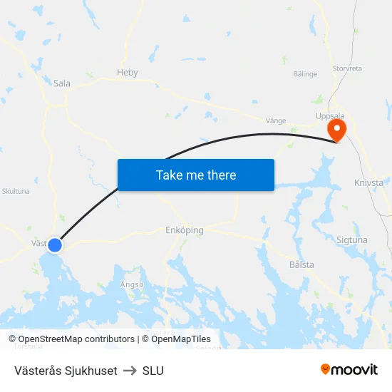 Västerås Sjukhuset to SLU map