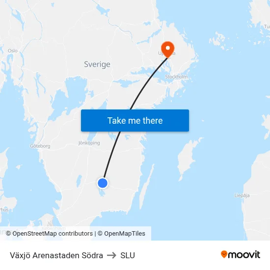 Växjö Arenastaden Södra to SLU map