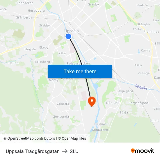 Uppsala Trädgårdsgatan to SLU map