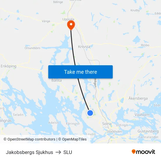 Jakobsbergs Sjukhus to SLU map