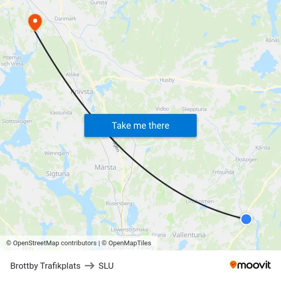 Brottby Trafikplats to SLU map