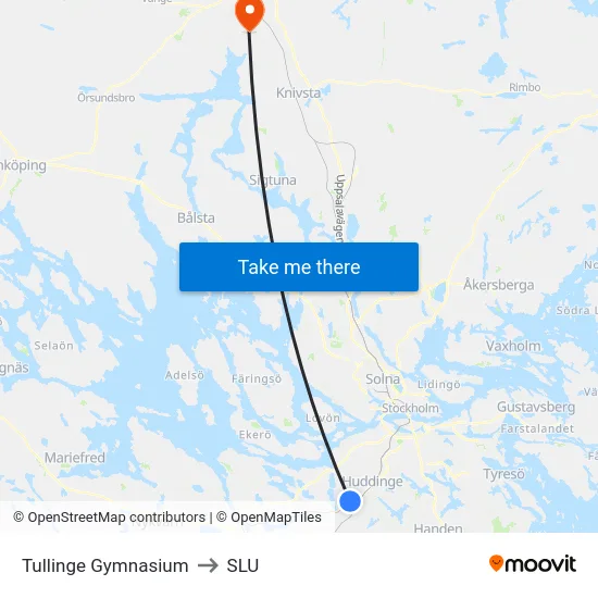 Tullinge Gymnasium to SLU map