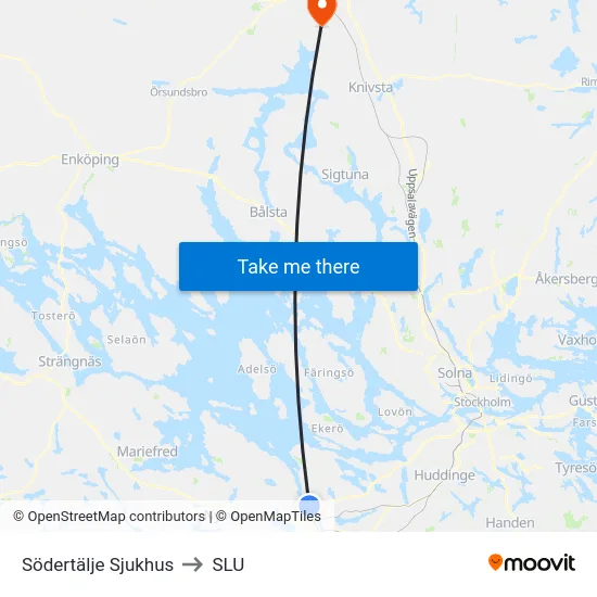 Södertälje Sjukhus to SLU map