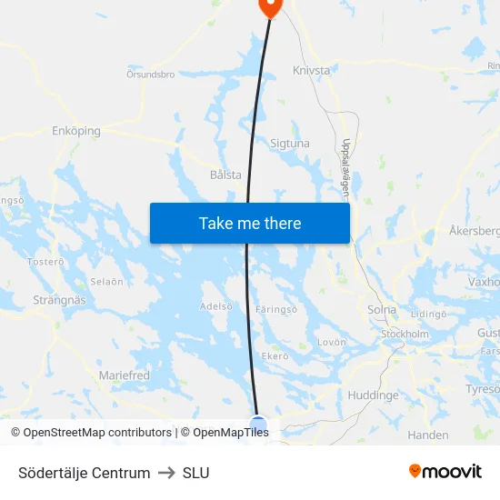 Södertälje Centrum to SLU map