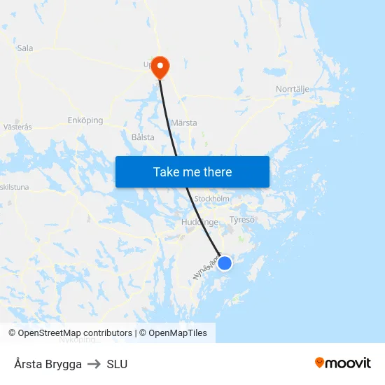 Årsta Brygga to SLU map