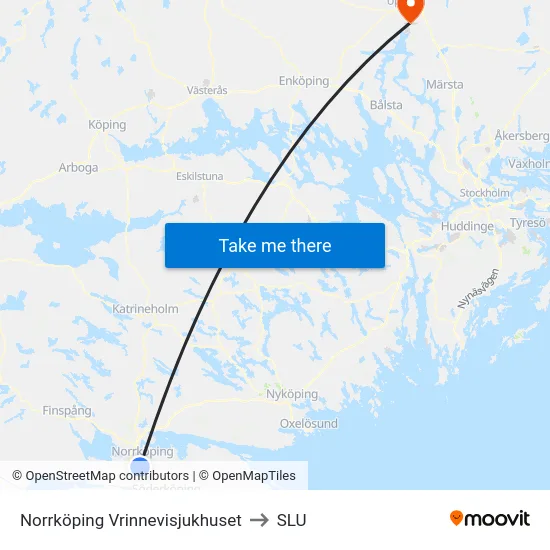 Norrköping Vrinnevisjukhuset to SLU map