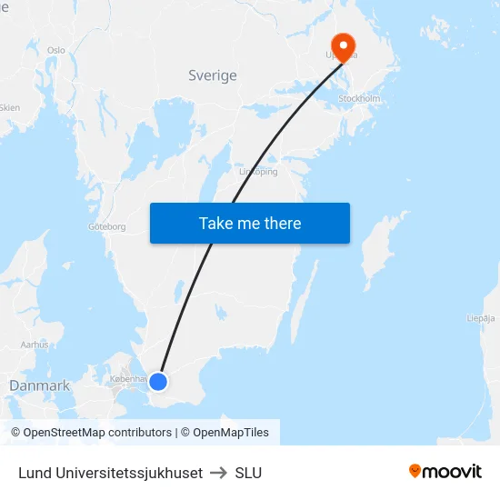 Lund Universitetssjukhuset to SLU map