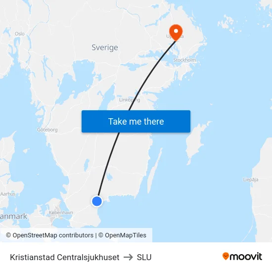 Kristianstad Centralsjukhuset to SLU map