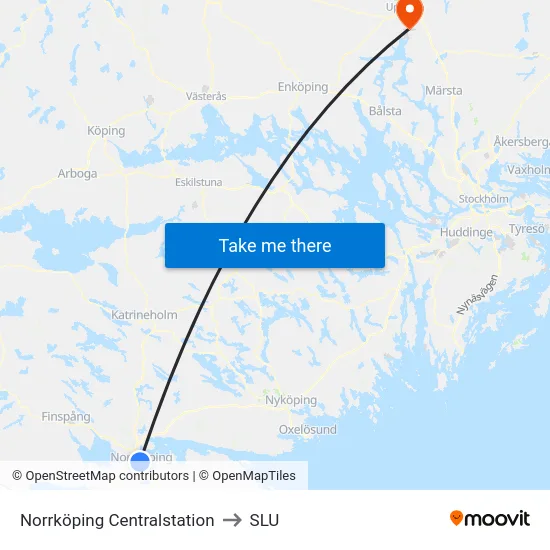 Norrköping Centralstation to SLU map