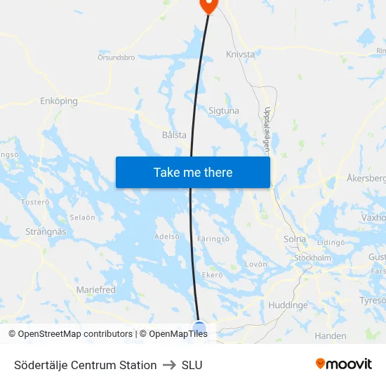 Södertälje Centrum Station to SLU map