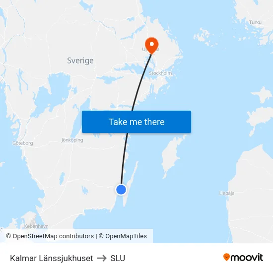 Kalmar Länssjukhuset to SLU map
