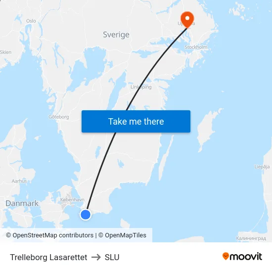 Trelleborg Lasarettet to SLU map