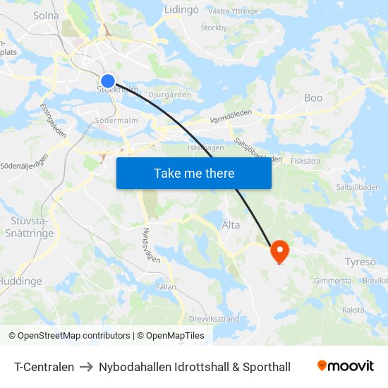 T-Centralen to Nybodahallen Idrottshall & Sporthall map