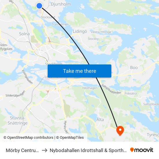 Mörby Centrum to Nybodahallen Idrottshall & Sporthall map