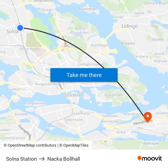 Solna Station to Nacka Bollhall map