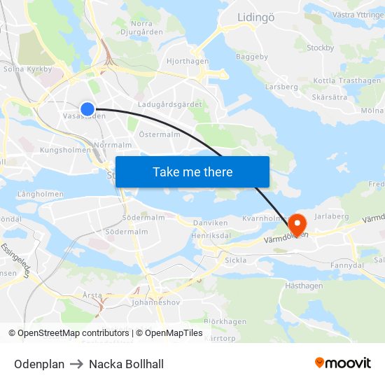 Odenplan to Nacka Bollhall map