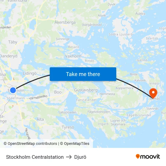Stockholm Centralstation to Djurö map