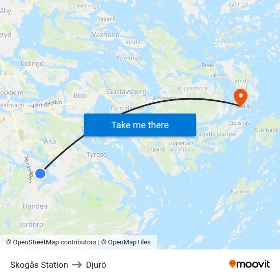 Skogås Station to Djurö map