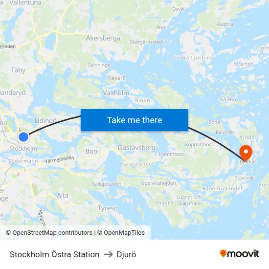 Stockholm Östra Station to Djurö map