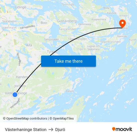 Västerhaninge Station to Djurö map