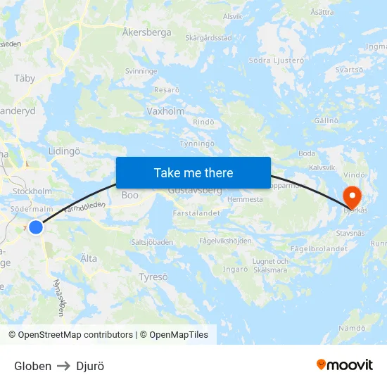 Globen to Djurö map