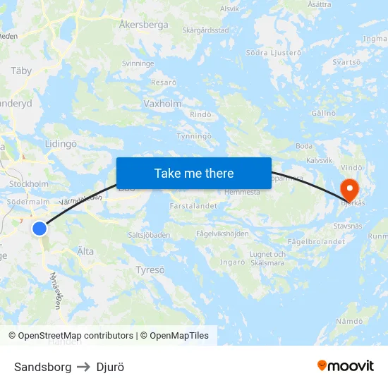 Sandsborg to Djurö map