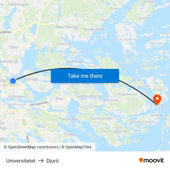 Universitetet to Djurö map