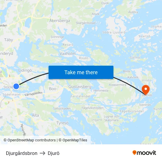 Djurgårdsbron to Djurö map