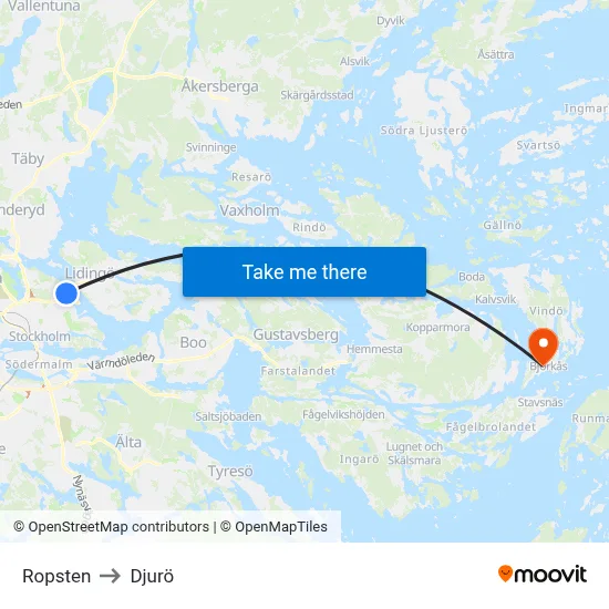 Ropsten to Djurö map